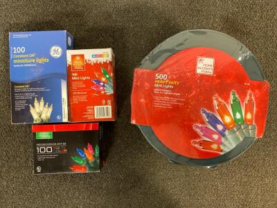 500 New Heavy Duty Multicolored Mini Lights, (2) Boxes Of 100 New Multicolored Mini Lights, And (1) Box Of New Clear Lights