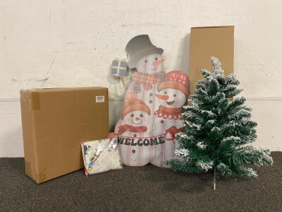 Empty XMAS Gift Box, Garland, Snowman Welcome Yard Sign, 21&rdquo; Flocked Tree, Tree Skirt