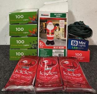 6ft Inflatable Santa Claus Decoration, (400) Energy Saver Lights, (100) Super Bright Lights, (50) LED Mini Lights, 25ft Polarized Extension Cord, & (3000) Strabds of Fake Icicles