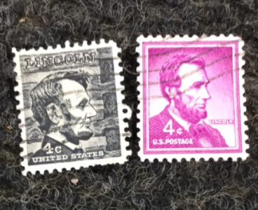 (1) Vintage 1954 Purple Abraham Lincoln 4-Cent Stamp, (1) 1965 Black Abraham Lincoln 4-Cent Stamp