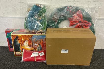 (1) Wicker Tree Collar, (2) Advent Calendar Puzzles, (1) Wreath, And More