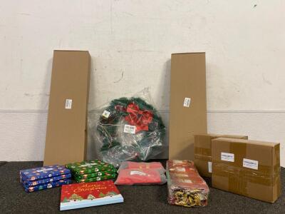 Prelit Christmas Wreath, And (7) Packs Of Happypop Socks, (2) 50pc Christmas Glitter Branches Rose Gold, (2) Xmas Empty Gift Box, (2) 19&rdquo; Stocking, Gift Bags And More