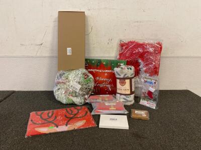 &ldquo;JOY&rdquo; Yard Sign, Empty Xmas Gift Box, Christmas Ladder Light, Fleece Throw, Christmas Wreath, (2) Stockings, Mini Christmas Erasers, And More