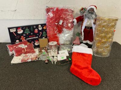 ALL NEW!!! (2) 20&rdquo; Letter J Stockings, &ldquo;JOY&rdquo; Yard Sign, Clear And Gold Ornaments, Ribbon, Golden Mountain Tree Collar, Miscellaneous Ornaments And More
