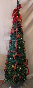Pop up Christmas Tree - 6Ft Fully Decorated Pre-lit Christmas Tree with 200 LED Lights, Ornaments, Red&Gold Ribbon - Xmas Trees Holiday Party Decor New in Box