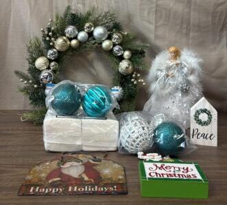 Beautiful Wreath, Angel Tree Topper, Ornaments, & More Christmas Decor