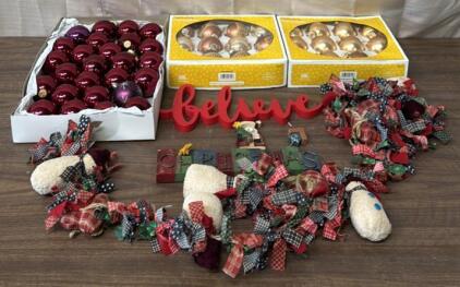 (3) Boxes of Ornaments, (2) Christmas Signs, & Hanging Decor