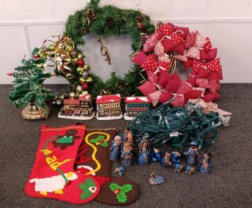 (3) Decorative Christmas Wreaths, Miniature Nativity Set, (2) Stockings, Ceramic Trains, Miniature Christmas Tree, Set Of Lights