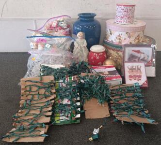 (50+) Decorative Christmas Bows, Alot Of Christmas Lights, (30+) Christmas Envelopes, (3) Christmas Cookie Tins, Fairy Tree Topper, Big Blue Vase, And More