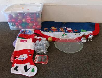 (5) Stockings, (100) Ornament Hooks, Tree Skirt, Decorative Plate, (50+) Vintage Ornaments