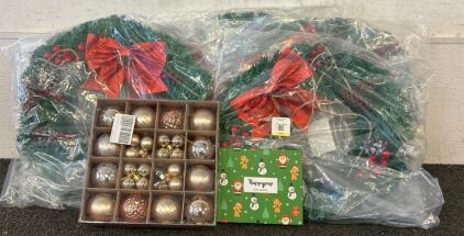 (5) Christmas Wreaths, (1) Happy Pop Gift Series Socks, And (1) Set Of Rose Gold Ornaments