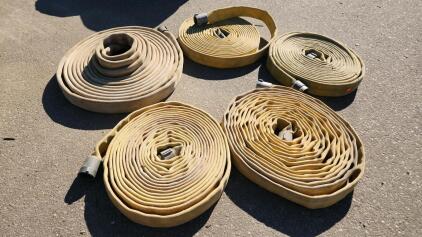 (5)Yellow Fire Hose, 2.5" Diameter, 50' Length, Aluminum Couplings, 300 PSI
