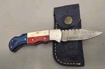 Custom Red, White & Blue Handled Damascus Steel Pocket Knife W/ Leather Sheath