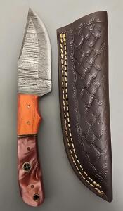 Custom Damascus Steel Hunting Knife W/ Leather Sheath