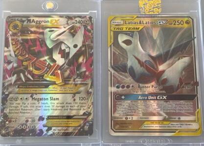 Two Pok&eacute;mon Cards, An M Aggron EX And A Latias & Latios-GX, Sealed In A Hard Plastic Card Protector