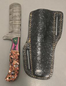 Custom "Bull Cutter" Style Damascus Steel Knife W/ Leather Sheath