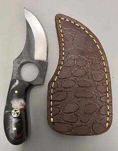 Custom Carbon Steel Small Skinning Knife W/ Finger Loop And Leather Sheath