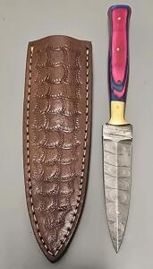 Custom Damascus Steel Boot Dagger Style Knife W/ Leather Sheath