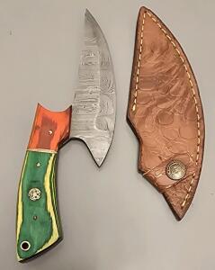 Custom Damascus Steel Ulu Knife W/ Leather Sheath