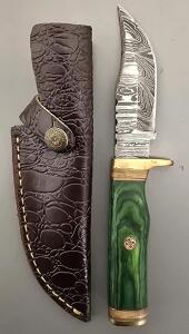 Custom Damascus Steel Hunting Knife W/ Leather Sheath