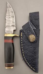 Custom Damascus Steel Hunting/Skinning Knife W/ Leather Sheath