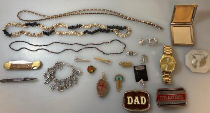 Collection Of Various Jewelry And Accessories, Including Necklaces, Charm Bracelet, And Hair Clips