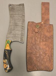 Custom Damascus Steel Cleaver W/ Leather Sheath