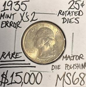 1935 MS68 RARE MINT ERROR Xs 2 SILVER QUARTER