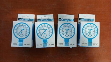 (4) Campbell PG1T-NL 1/4" NPT 100 PSI Pressure Gauge