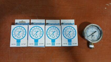 (4) Campbell PG1T-NL 1/4" NPT 100 PSI Pressure Gauge (1) Campbell 2 1/2" Diam. Pressure Gauge