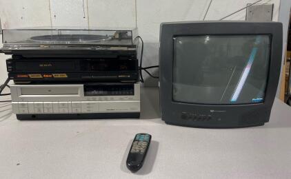 White-Westinghouse WTV-1332 13" CRT color television,Technics DC Servo Turntable SL BD 20, (2) VCR Players (Please read description)