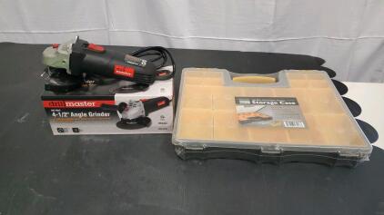 Drill Master 4-1/2" Angle Grinder and 20 Bin Portable Parts Storage Case