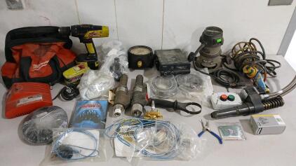 (1) Milwaukee Power Plus Drill W/ 2 Batteries (1) Porter-Cable Fixed-Base Router/ Shaper (1) Crevice Liquid-Filled Pressure Gauge & More