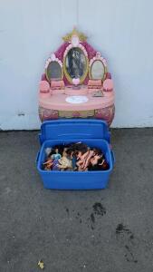 Bin of Assorted Barbie Dolls and Princess Vanity
