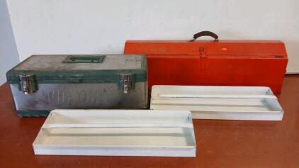 (1) Victor Professional Super Range II Tool Box -22"L x9"W x9"H (1) The Sherman-Klove Co Metal Tool Box -32"L x8"W x10"H (2) Metal Tool Trays -22"L x8"W x3"H