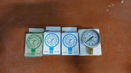 (3) Campbell PG1T-NL 1/4" NPT 100 PSI Pressure Gauge (1) Midwest 2" Diam. Pressure Gauge