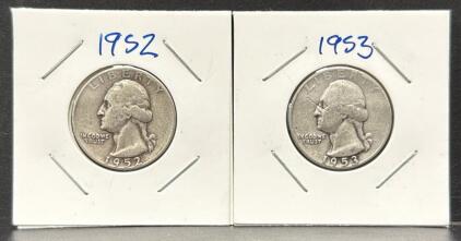 1952 & 1953 US Washington Quarters, 90% Silver, No Mint Mark