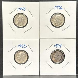 Set Of 1946, 1956, 1963, 1964 Roosevelt Dimes, 90% Silver