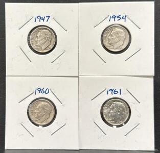 Roosevelt Dimes Set, 1947, 1954, 1960, 1961, U.S. Mint, 90% Silver