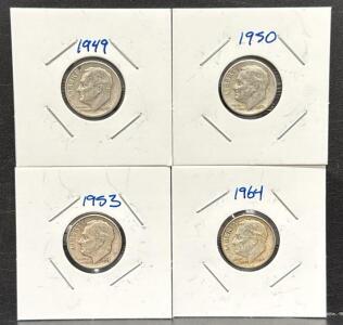 1949, 1950, 1953, 1964 Roosevelt Dimes, 90% Silver, U.S. Mint