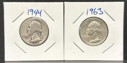 1944 & 1963 U.S. Washington Quarters, Silver, Reeded Edge