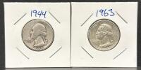 1944 & 1963 U.S. Washington Quarters, Silver, Reeded Edge