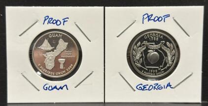 Guam 2009 & Georgia 1999 Proof State Quarters, U.S. Mint, 25 Cents Each