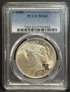 1925 Peace Dollar, PCGS MS62, $1 Coin, Serial: 7365.62/57536964