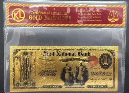 24k Gold-Plated Banknote, First National Bank Lebanon Design, COA Included