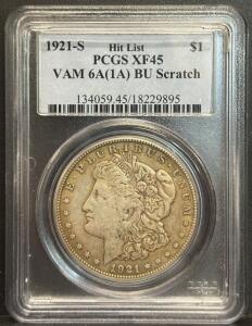 1921-S Morgan Silver Dollar, PCGS XF45, VAM 6A(1A) BU Scratch, Mint Mark S