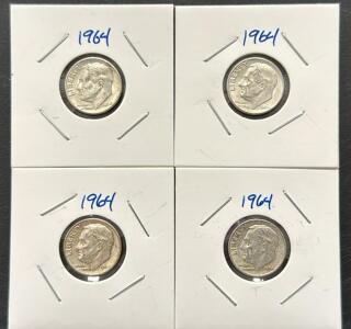 1964 Roosevelt Dime Collection, 90% Silver, Set of 4 Coins