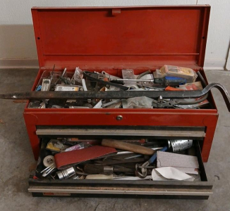 (1) Sears Craftsman 2 Drawer Metal Tool Box -26"L x+0"W x12"H (1) 36" Crow Bar (20+) Assorted Tools