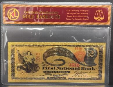 24k Gold-Plated $2 Banknote, KL Model KL/2016/C0520, 1915 Issue