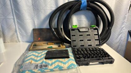 Lot Of Assorted Items - Small Wooden Box, 3/8&1/2&rdquo; Impact Sockets , Craftsman Radius Gauge Set & More